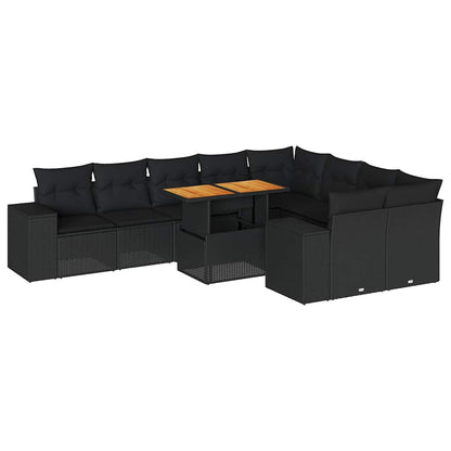 Set Divani Giardino 10pz con Cuscini Nero in Polyrattan Acacia