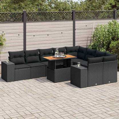 Set Divani Giardino 10pz con Cuscini Nero in Polyrattan Acacia