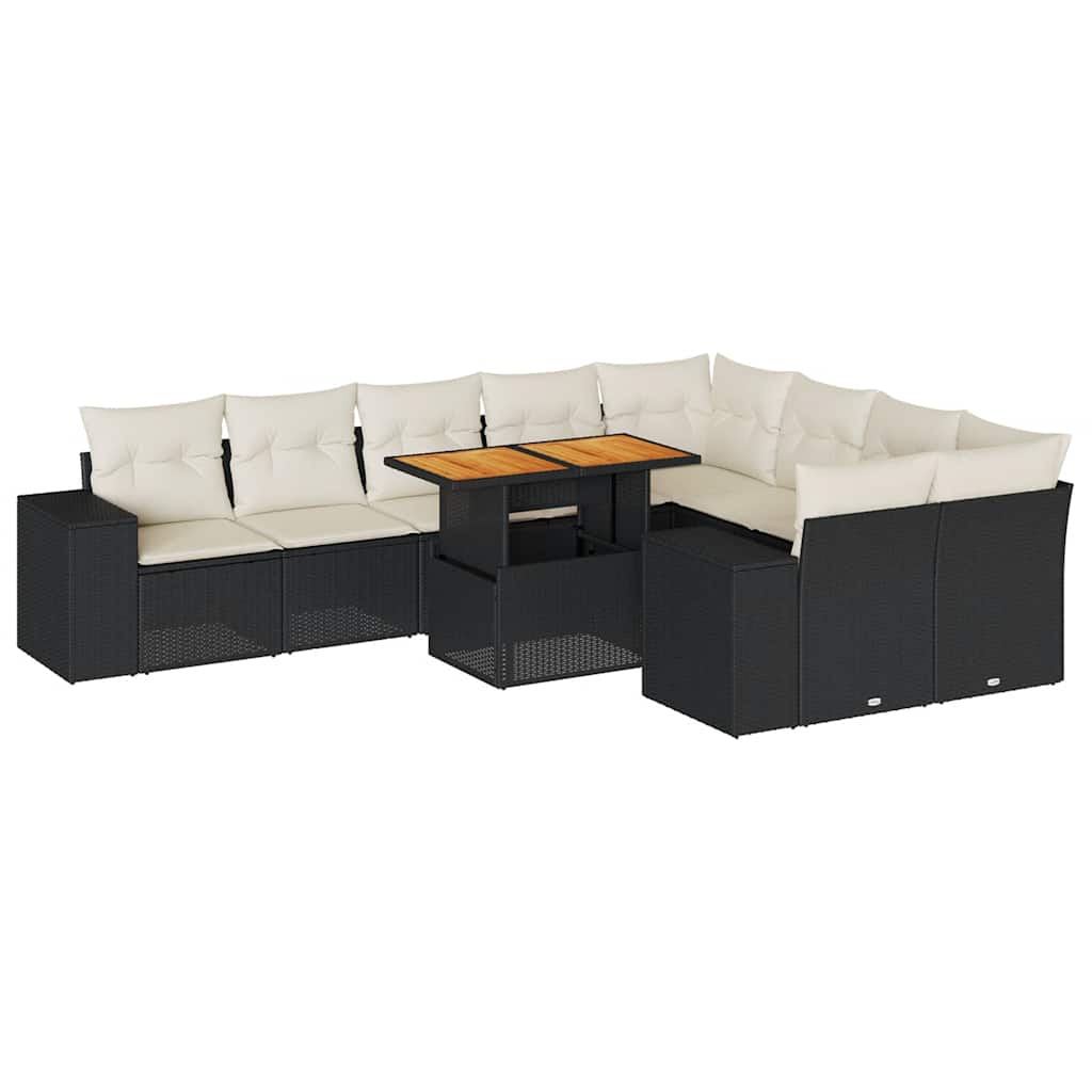 Set Divani Giardino 10pz con Cuscini Nero in Polyrattan Acacia