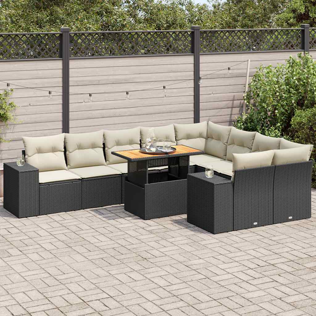 Set Divani Giardino 10pz con Cuscini Nero in Polyrattan Acacia