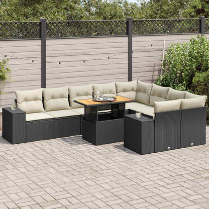 Set Divani Giardino 10pz con Cuscini Nero in Polyrattan Acacia