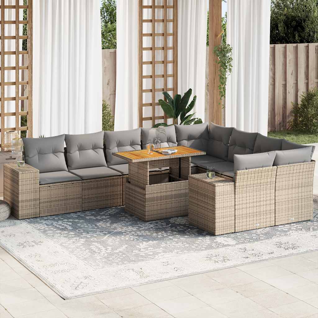 Divano da Giardino 10 pz con Cuscini Beige in Polyrattan Acacia