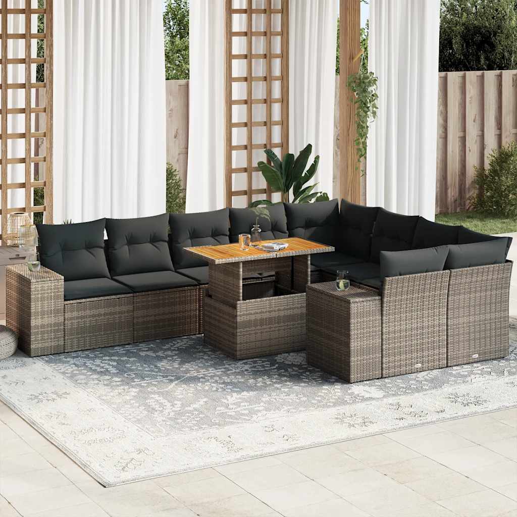 Divano Giardino 10 pz con Cuscini Grigio in Polyrattan Acacia