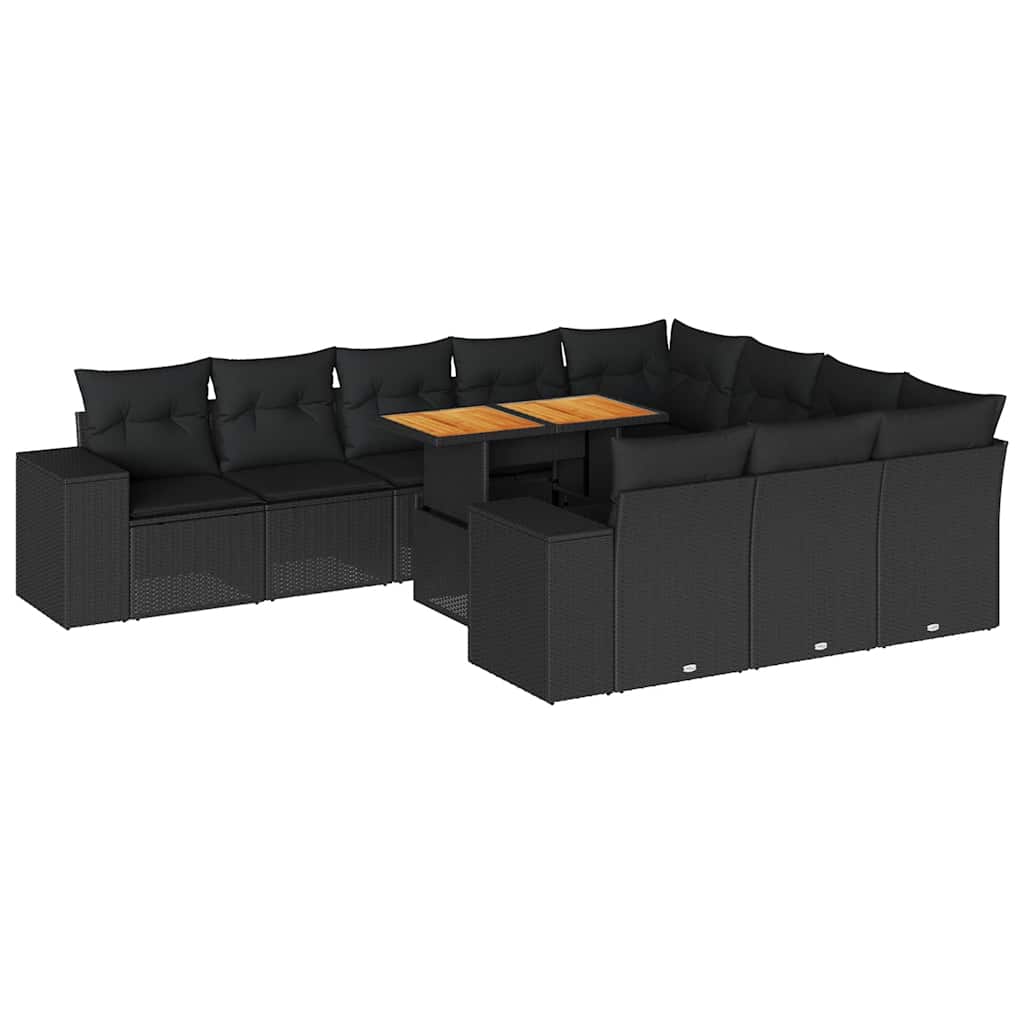 Set Divani Giardino 10pz con Cuscini Nero in Polyrattan Acacia