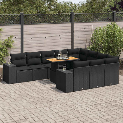Set Divani Giardino 10pz con Cuscini Nero in Polyrattan Acacia