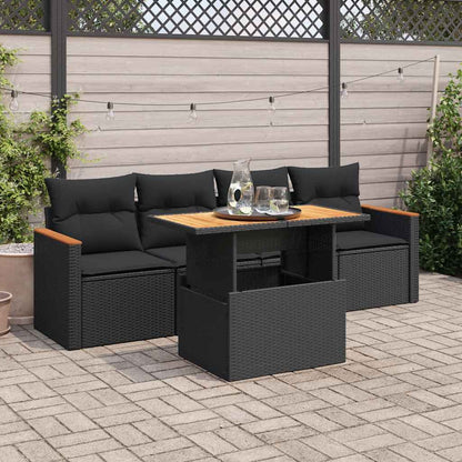 Set Divani da Giardino 5 pz con Cuscini Nero Polyrattan Acacia