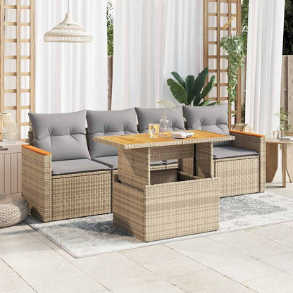 Set Divano da Giardino 5 pz con Cuscini Beige Polyrattan Acacia