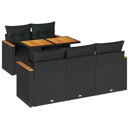 Set Divano da Giardino 6 pz con Cuscini Nero Polyrattan Acacia