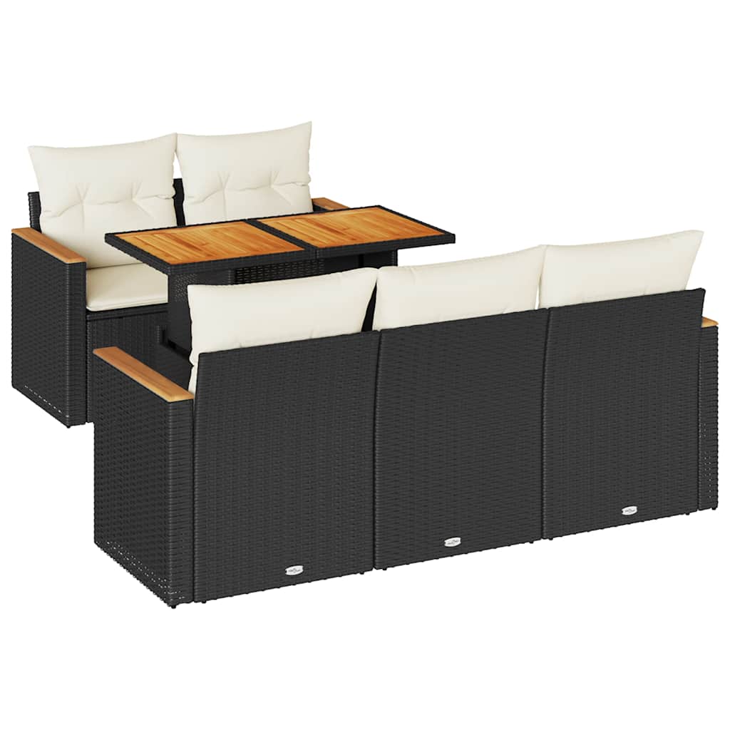 Set Divano da Giardino 6 pz con Cuscini Nero Polyrattan Acacia