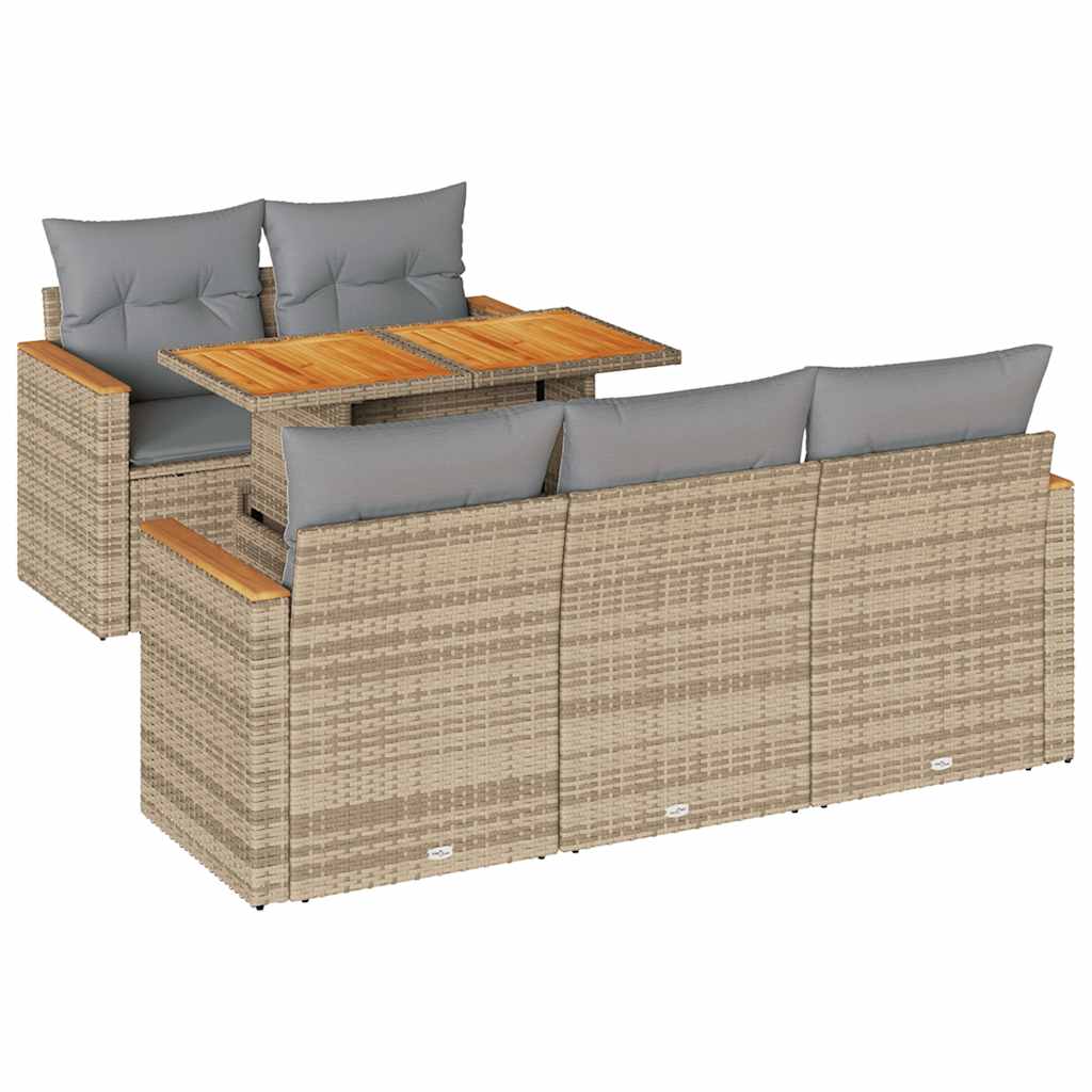 Set Divano da Giardino 6 pz con Cuscini Beige Polyrattan Acacia