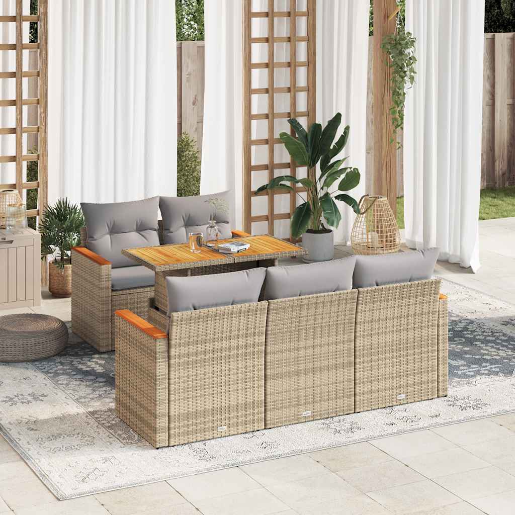 Set Divano da Giardino 6 pz con Cuscini Beige Polyrattan Acacia