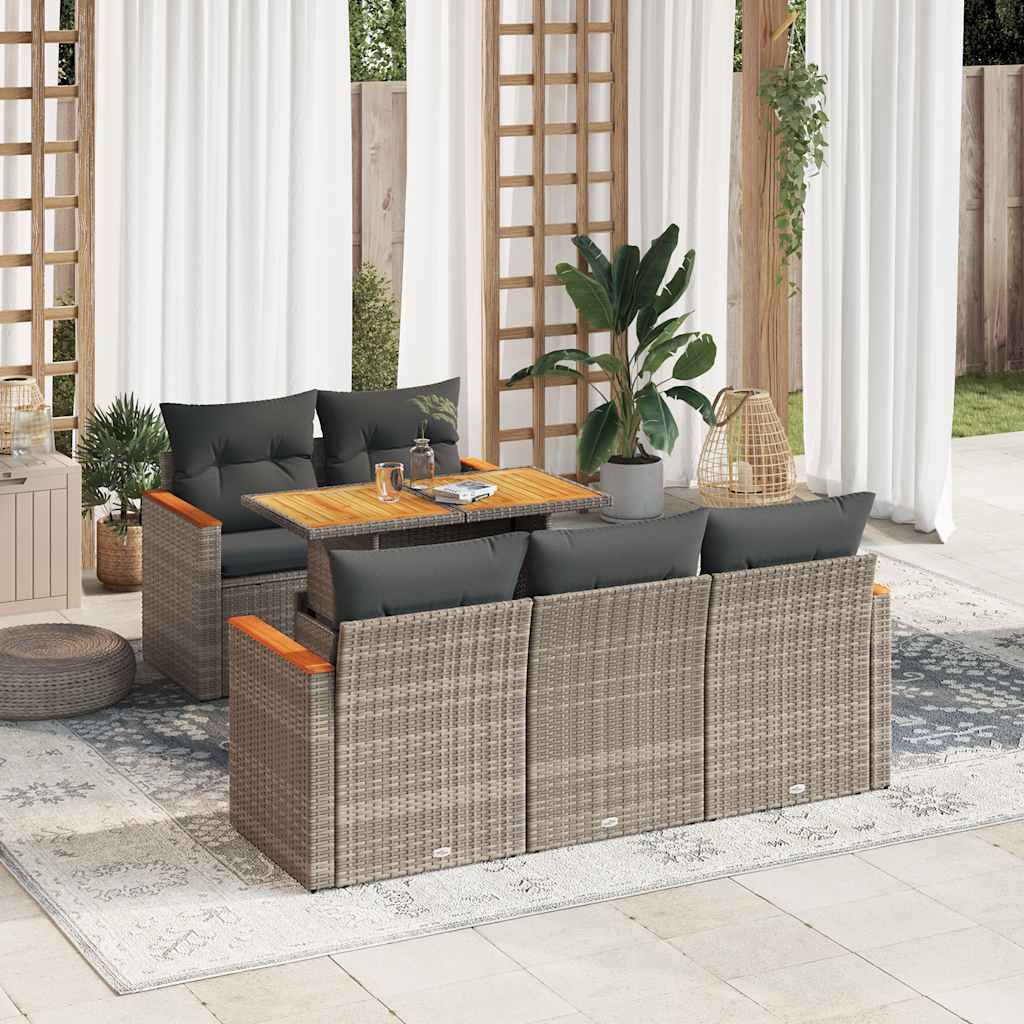 Set Divano da Giardino 6pz con Cuscini Grigio Polyrattan Acacia