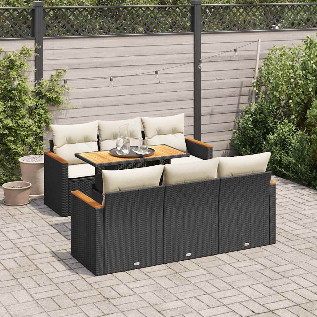 Set Divani da Giardino con Cuscini 7pz Nero Polyrattan Acacia