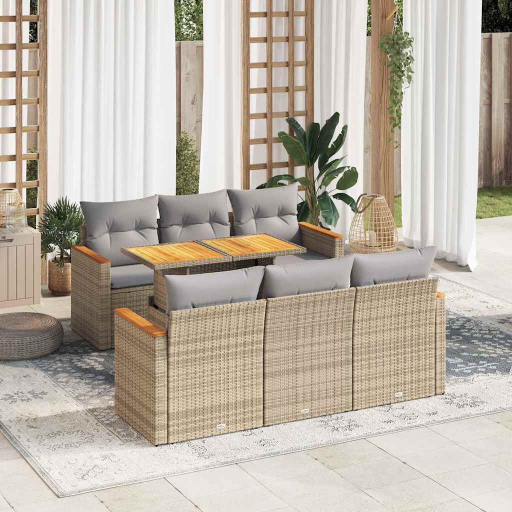 Set Divani da Giardino 7 pz con Cuscini Beige Polyrattan Acacia