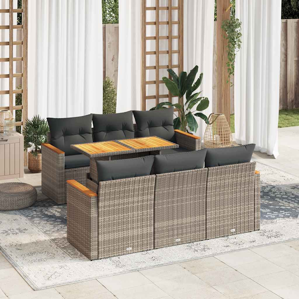 Set Divani da Giardino 7pz con Cuscini Grigio Polyrattan Acacia