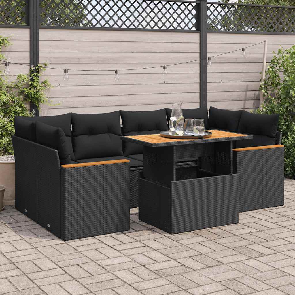 Set Divano da Giardino 6 pz con Cuscini Nero Polyrattan Acacia