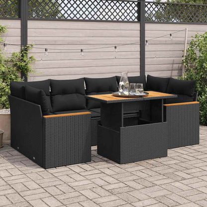 Set Divano da Giardino 6 pz con Cuscini Nero Polyrattan Acacia