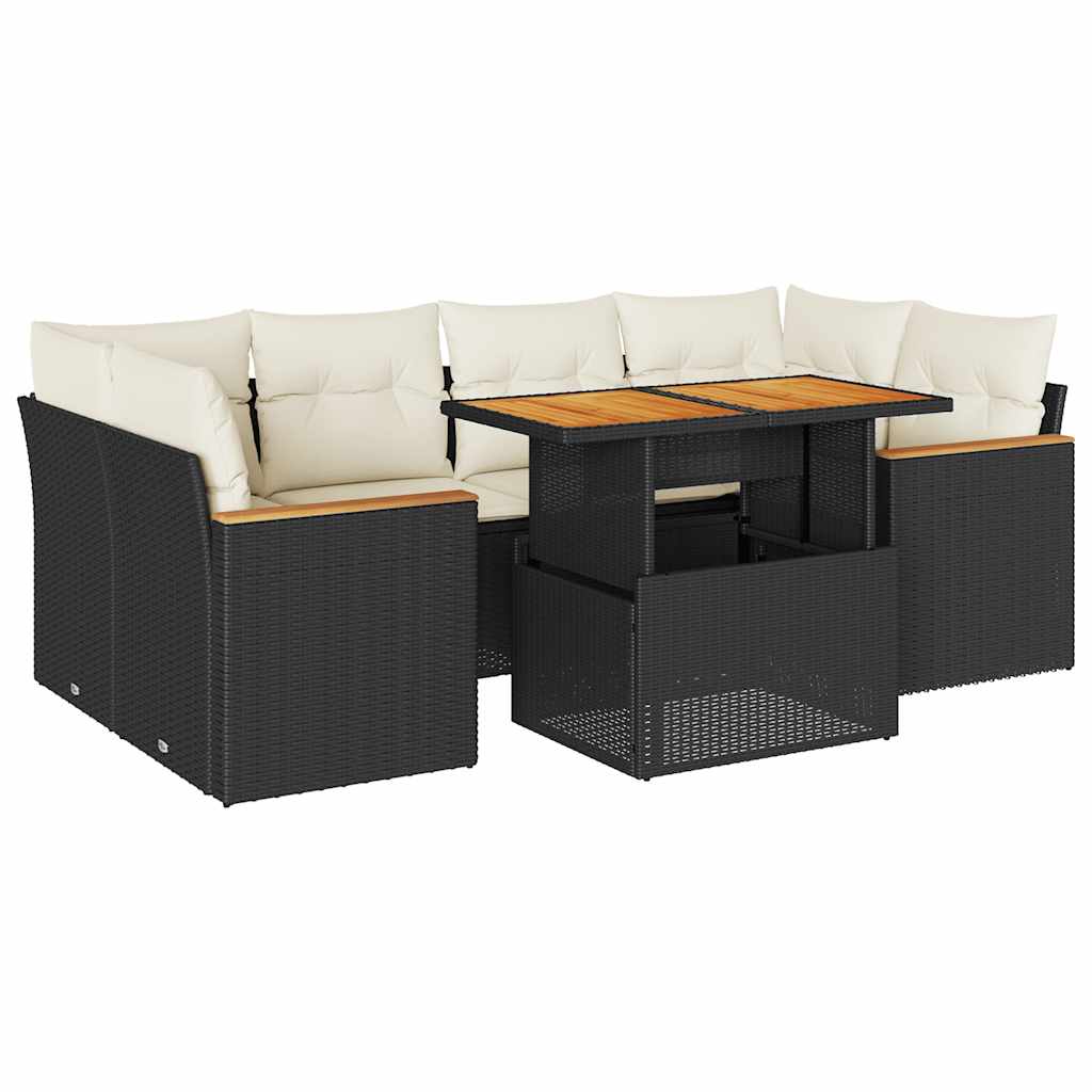 Set Divano da Giardino 6 pz con Cuscini Nero Polyrattan Acacia