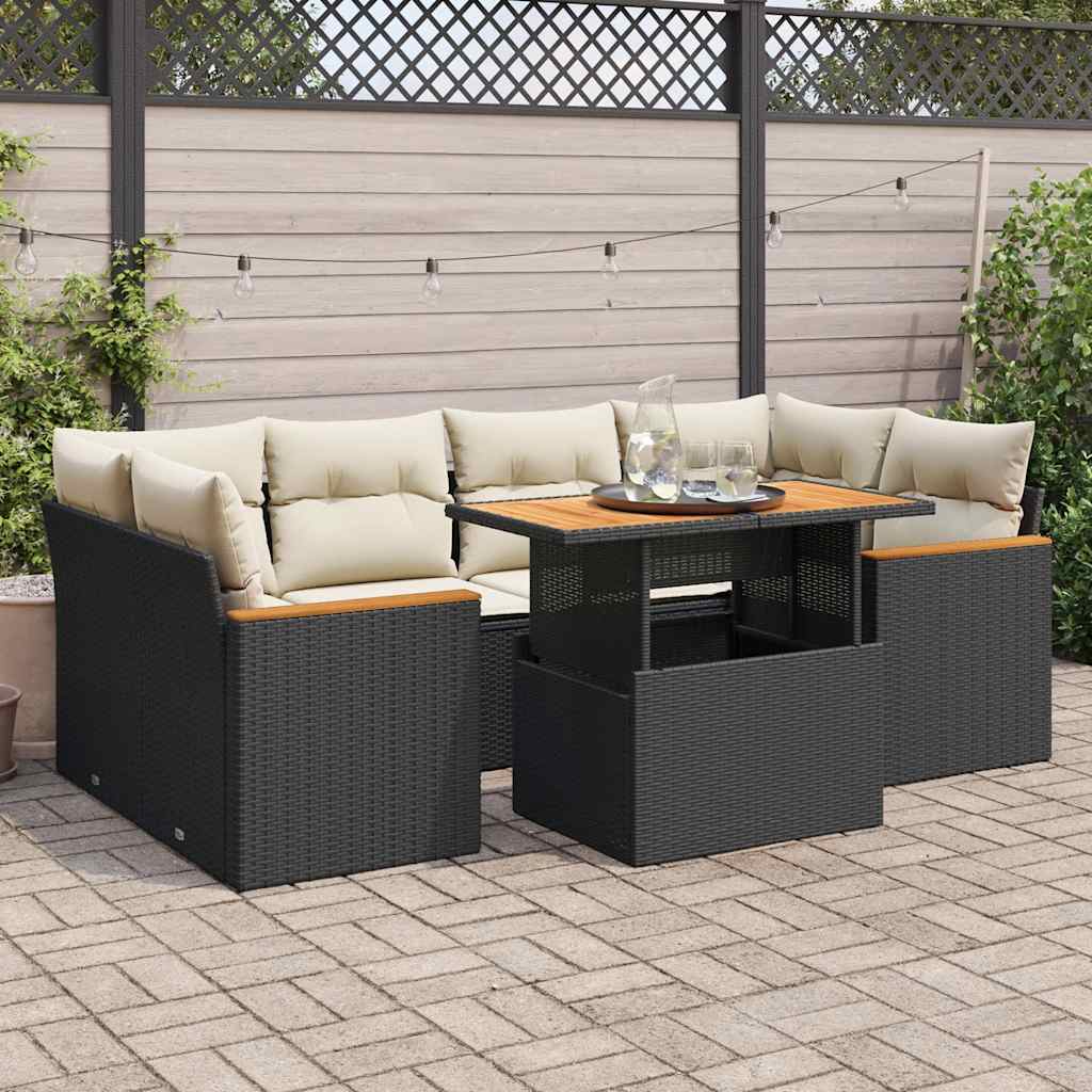 Set Divano da Giardino 6 pz con Cuscini Nero Polyrattan Acacia