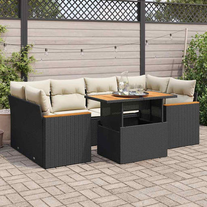Set Divano da Giardino 6 pz con Cuscini Nero Polyrattan Acacia
