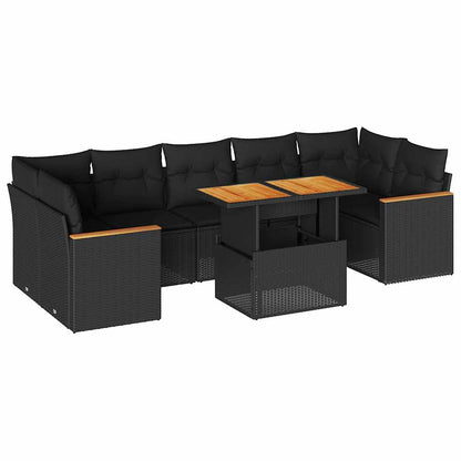 Set Divani da Giardino con Cuscini 8 pz Nero Polyrattan Acacia