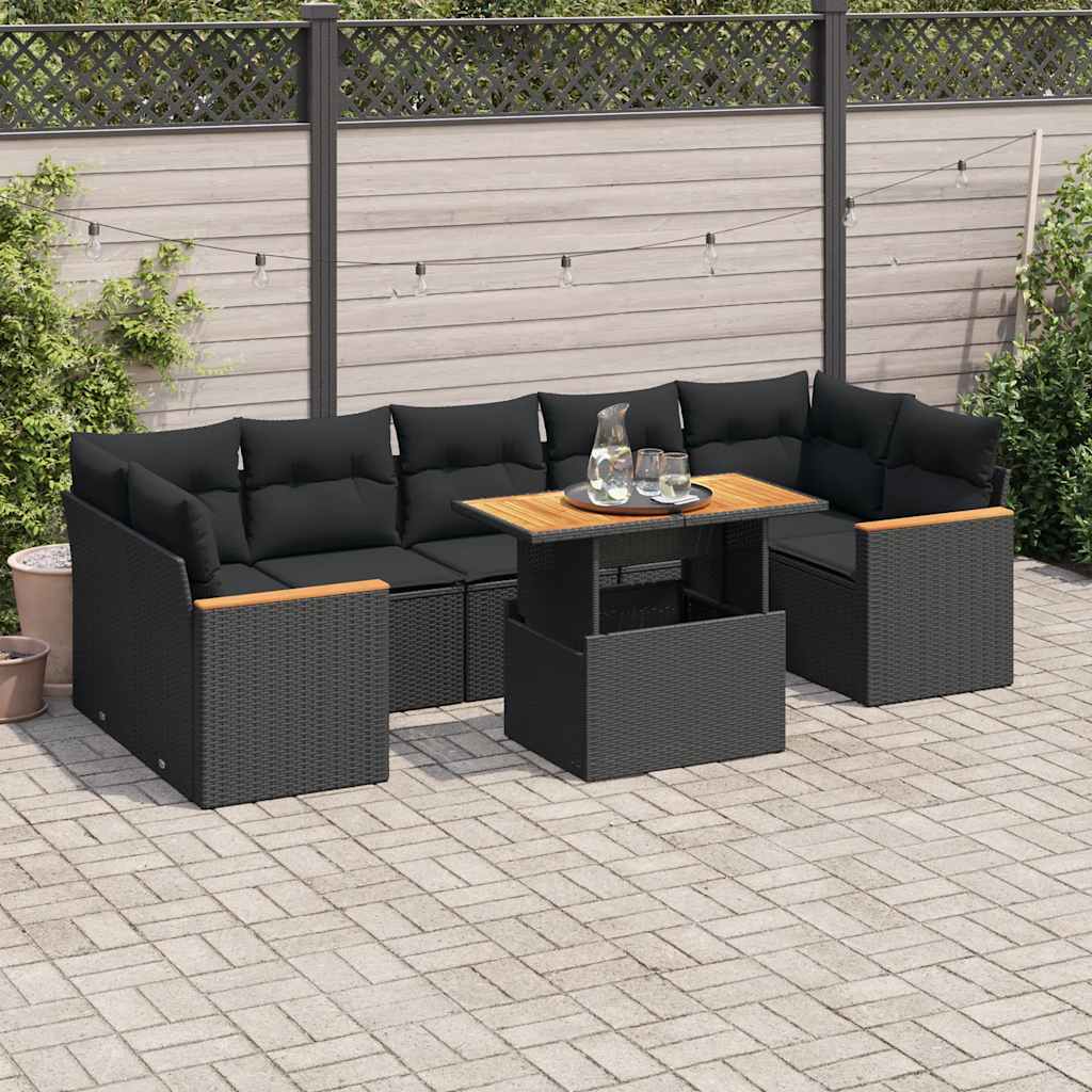 Set Divani da Giardino con Cuscini 8 pz Nero Polyrattan Acacia