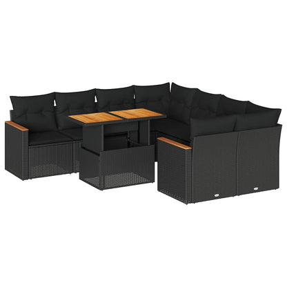 Set Divani da Giardino 9 pz con Cuscini Nero Polyrattan Acacia