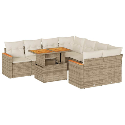 Set Divano da Giardino 9 pz con Cuscini Beige Polyrattan Acacia