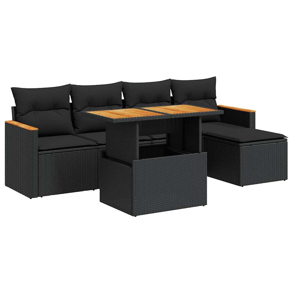 Set Divano da Giardino 6 pz con Cuscini Nero Polyrattan Acacia