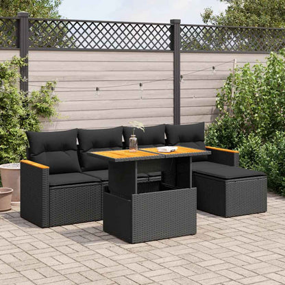 Set Divano da Giardino 6 pz con Cuscini Nero Polyrattan Acacia
