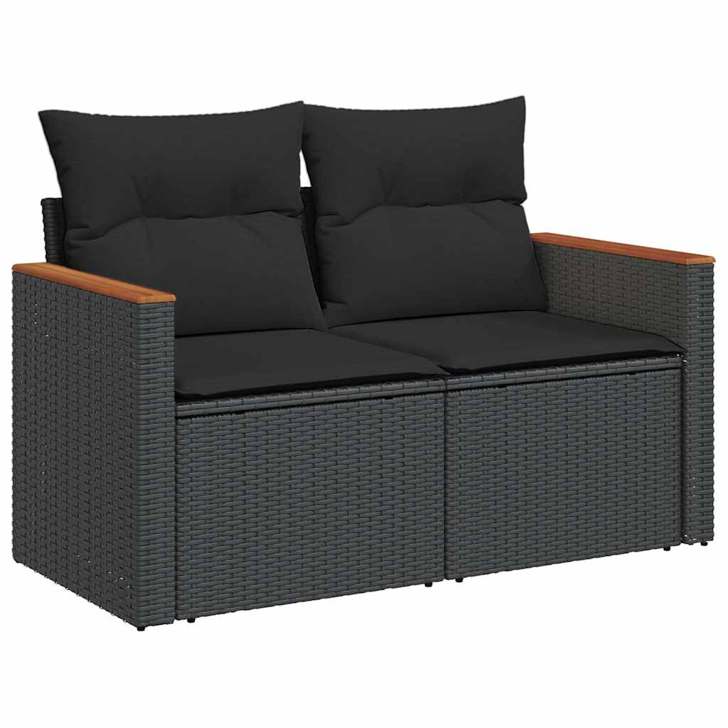 Set Divano da Giardino 6 pz con Cuscini Nero Polyrattan Acacia