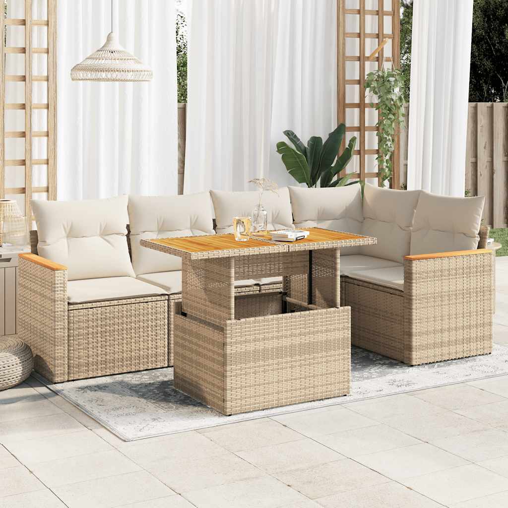 Set Divano da Giardino 6 pz con Cuscini Beige Polyrattan Acacia