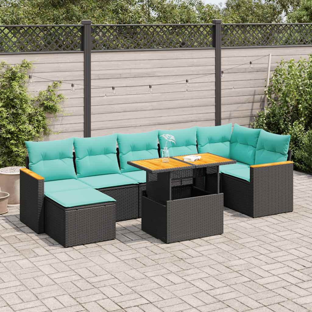 Set Divani da Giardino con Cuscini 8 pz Nero Polyrattan Acacia