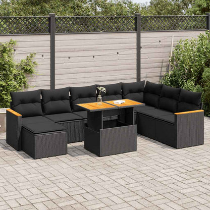 Set Divani da Giardino 9 pz con Cuscini Nero Polyrattan Acacia