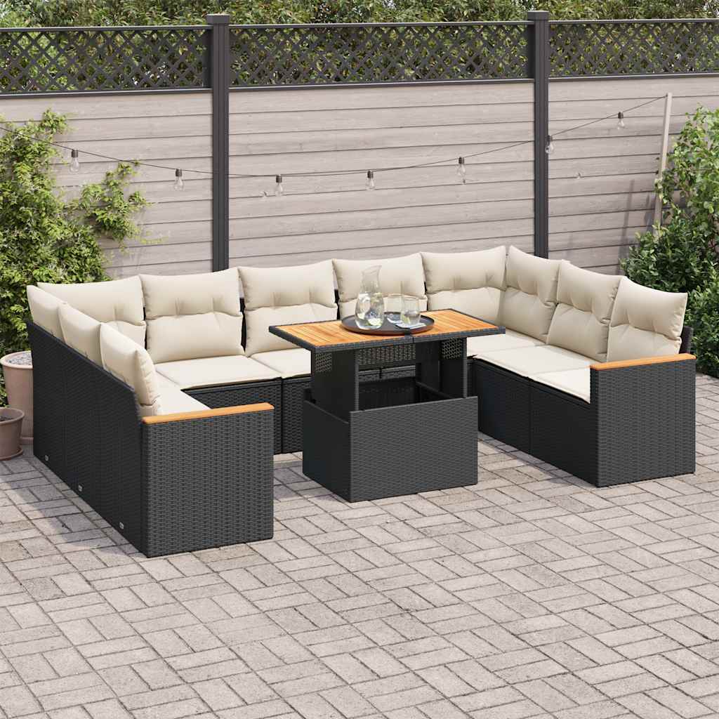 Set Divani Giardino 10pz con Cuscini Nero in Polyrattan Acacia