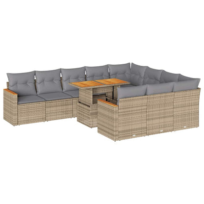 Set Divani da Giardino 11pz con Cuscini Beige Acacia Polyrattan