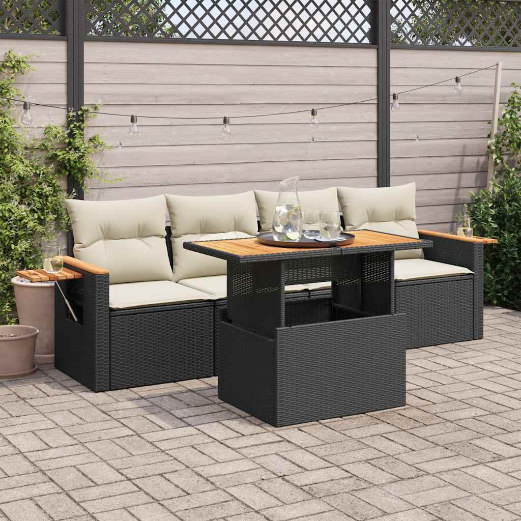 Set Divani da Giardino 5 pz con Cuscini Nero Polyrattan Acacia