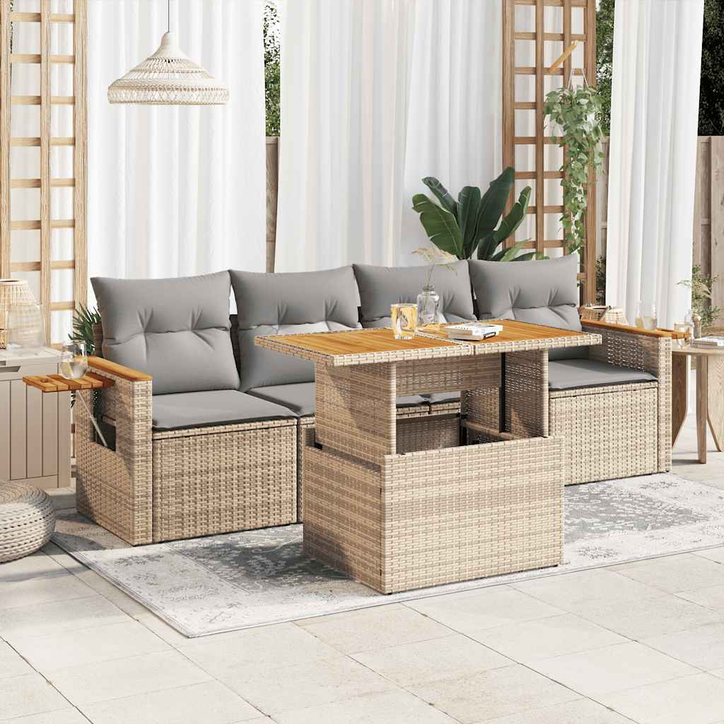Set Divano da Giardino 5 pz con Cuscini Beige Polyrattan Acacia