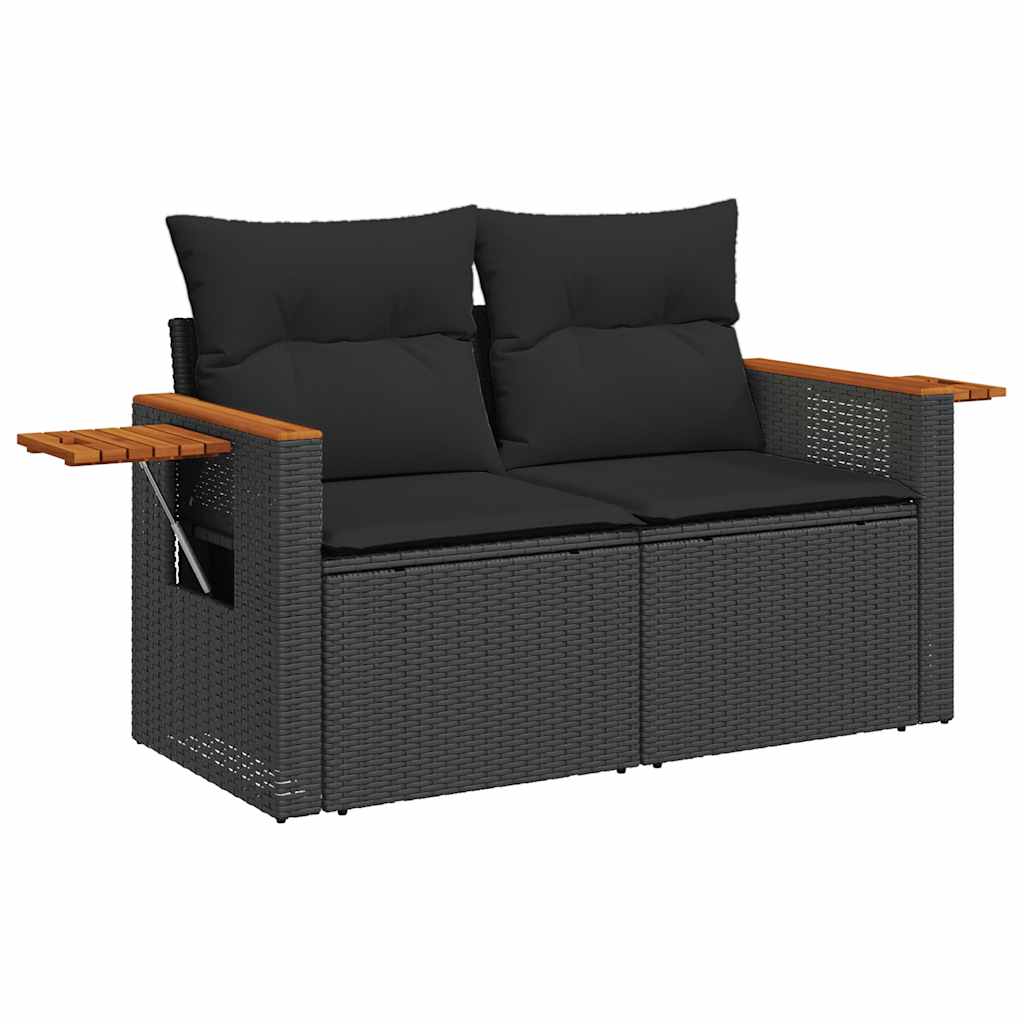 Set Divano da Giardino 6 pz con Cuscini Nero Polyrattan Acacia