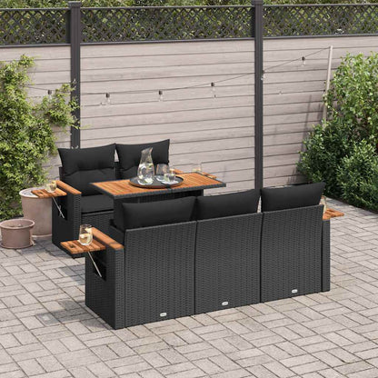 Set Divano da Giardino 6 pz con Cuscini Nero Polyrattan Acacia