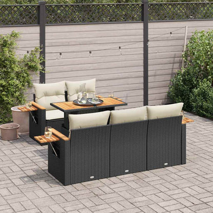 Set Divano da Giardino 6 pz con Cuscini Nero Polyrattan Acacia