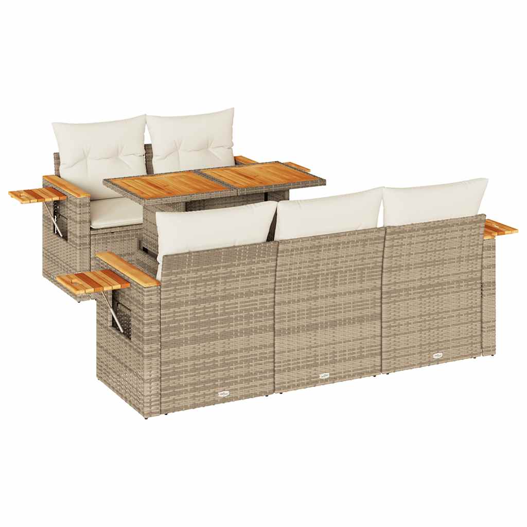 Set Divano da Giardino 6 pz con Cuscini Beige Polyrattan Acacia