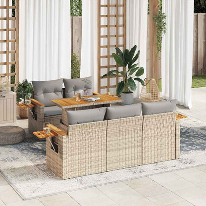 Set Divano da Giardino 6 pz con Cuscini Beige Polyrattan Acacia