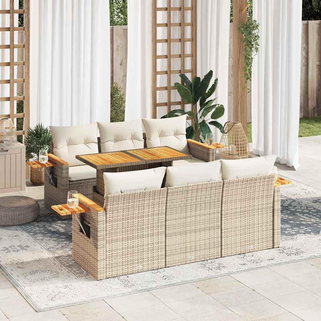 Set Divani da Giardino 7 pz con Cuscini Beige Polyrattan Acacia