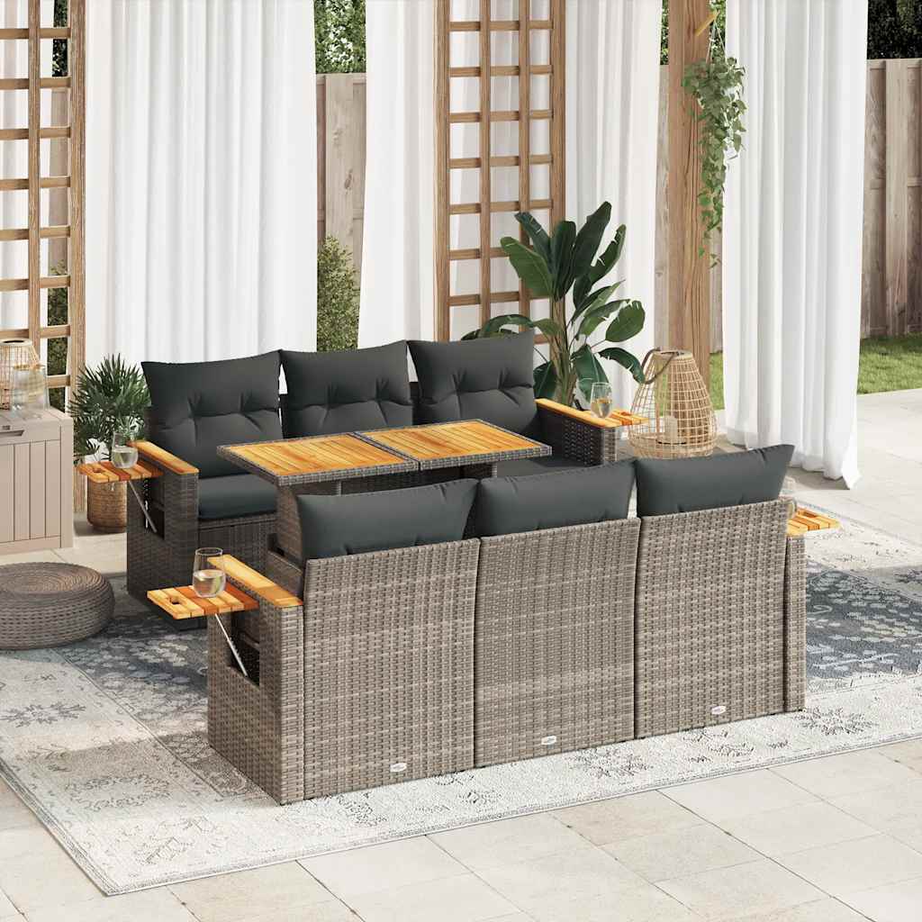 Set Divani da Giardino 7pz con Cuscini Grigio Polyrattan Acacia