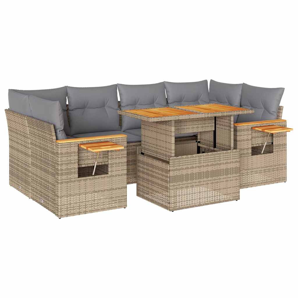 Set Divani da Giardino 7 pz con Cuscini Beige Polyrattan Acacia