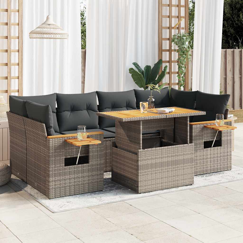 Set Divani da Giardino 7pz con Cuscini Grigio Polyrattan Acacia
