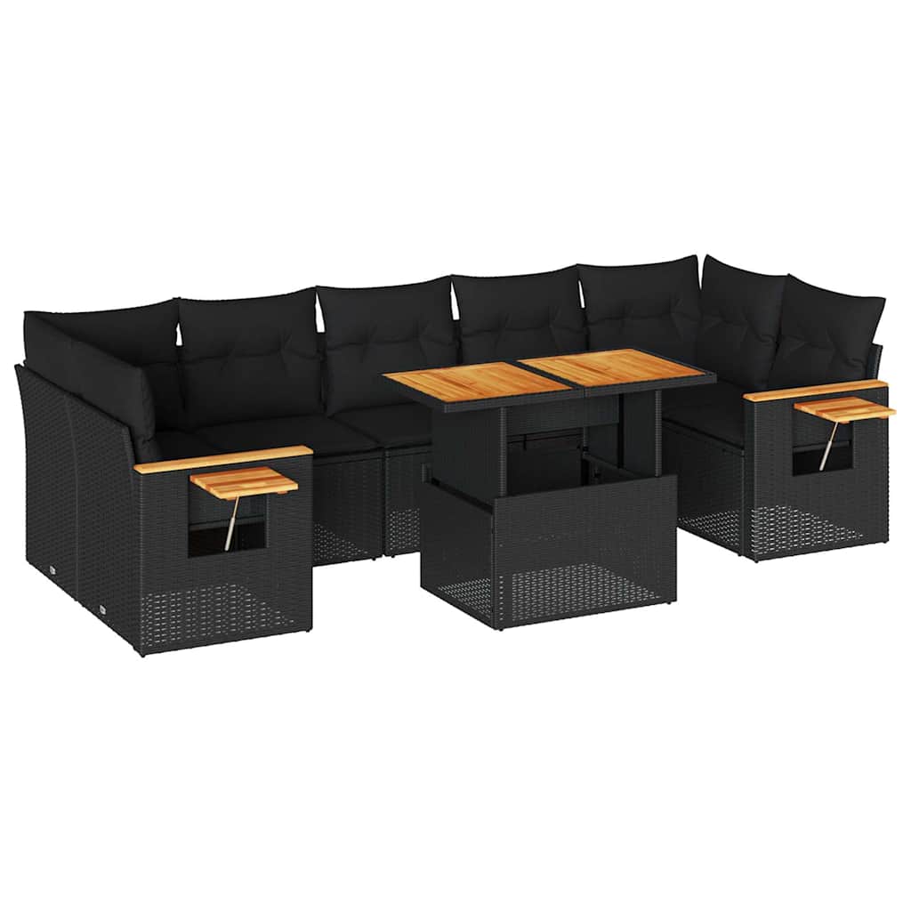 Set Divani da Giardino con Cuscini 8 pz Nero Polyrattan Acacia