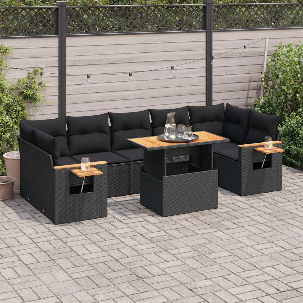 Set Divani da Giardino con Cuscini 8 pz Nero Polyrattan Acacia