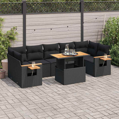 Set Divani da Giardino con Cuscini 8 pz Nero Polyrattan Acacia